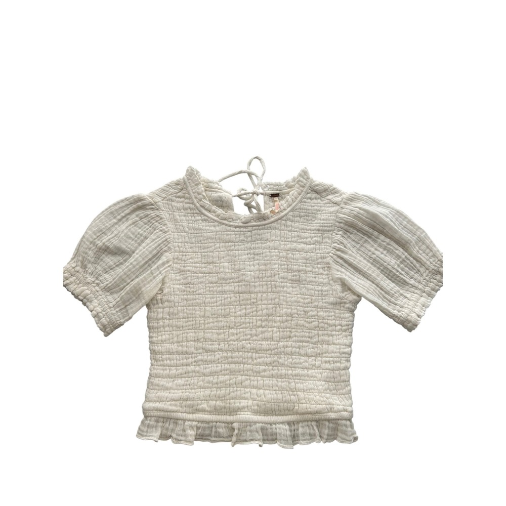 Free People White Smocked Puff Sleeve Cropped Top XS Cottagecore Peasant Grandma